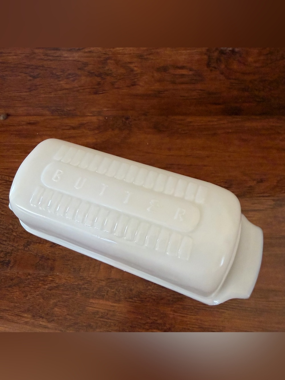 Vintage Milk Glass Butter Dish with the Word Butter Embossed Rectangular Lid
